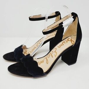 Sam Edelman Odila Black Leather Scallop Edge Block Heel Ankle Strap Sandal